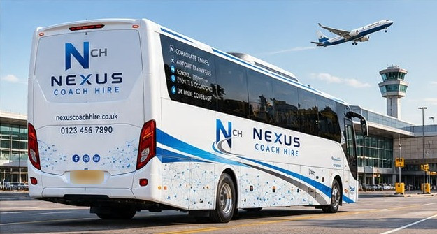 Nexus Coach Hire coach at an airport terminal for an airport transfer