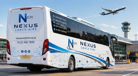 Nexus Coach Hire coach at an airport terminal for an airport transfer